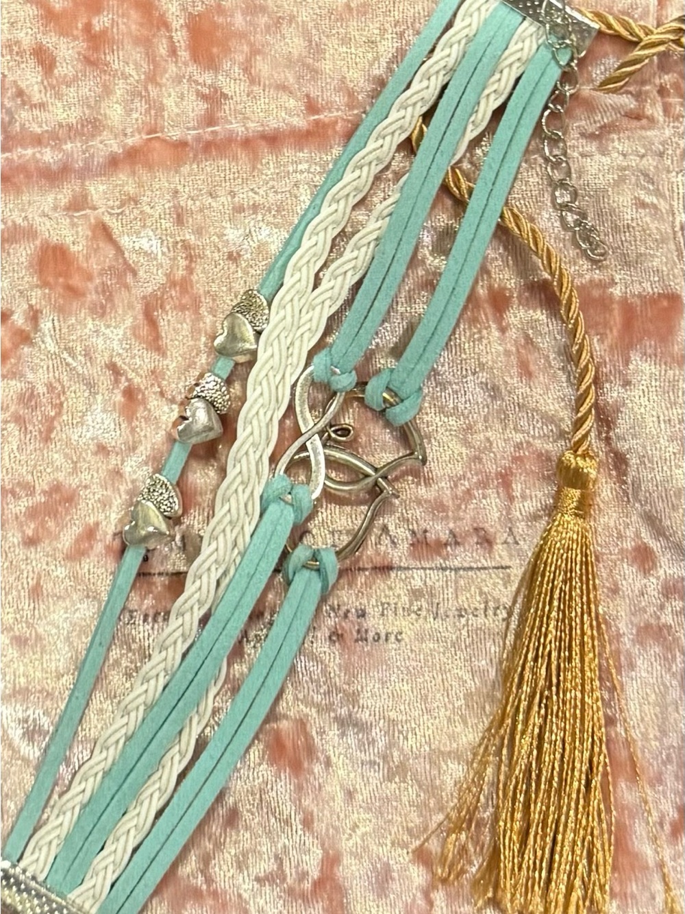 Aqua and Cream Multi-Strand Charm Bracelet with Gold Tassel